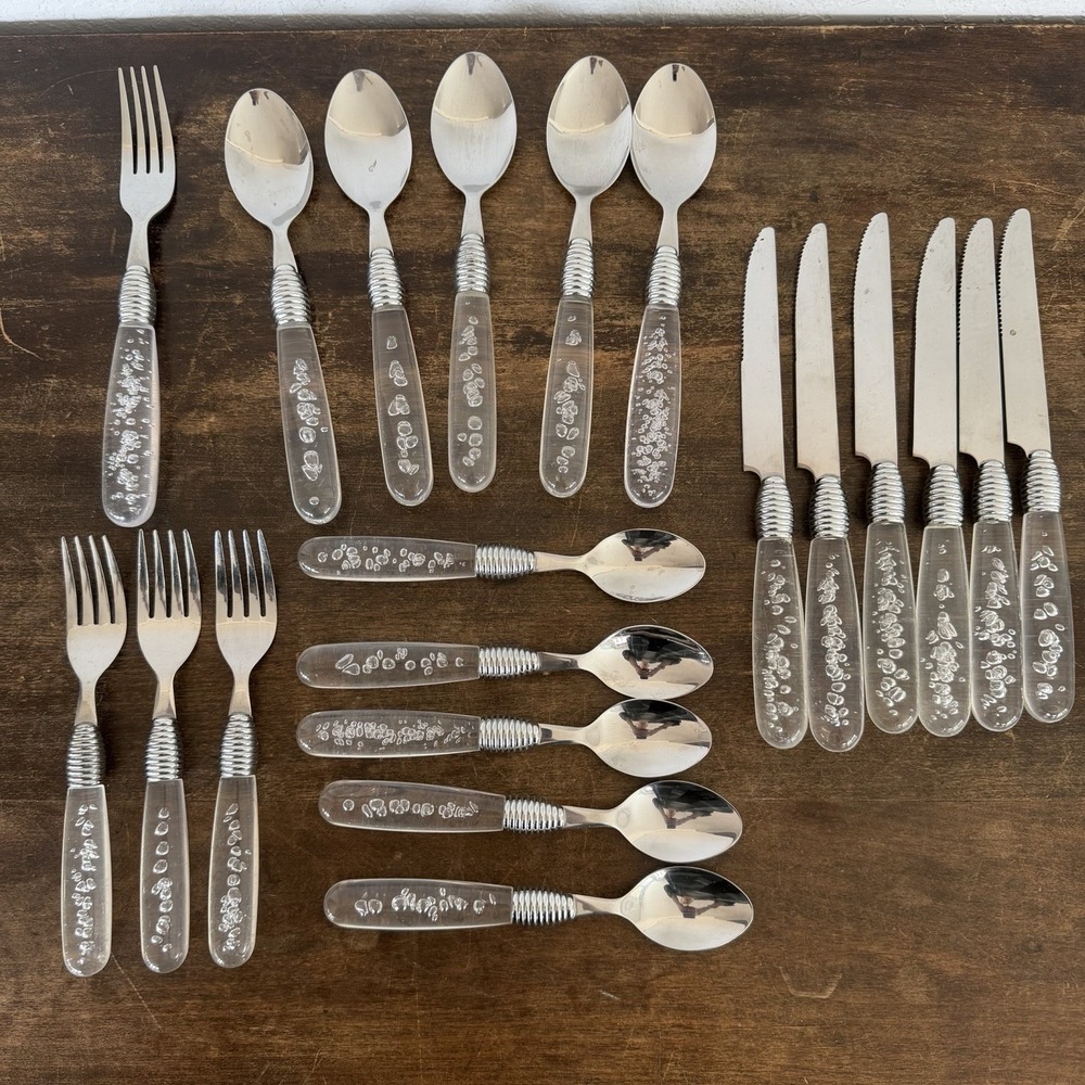 Vintage Stainless Flatware Set Lucite Bubble Handles MCM 20pc